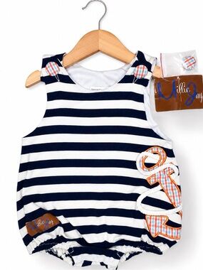 Nautical Anchor Bubble Romper Baby 3M Navy Stripe NWT Millie Jay